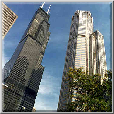 Sears Tower and neighbor buildings, view from Chicago River. Chicago, October 12, 1999.