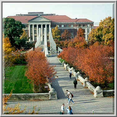 Purdue Mall, the fountain, and Hall of ...[9 words]... Lafayette, Indiana, October 29, 1999.