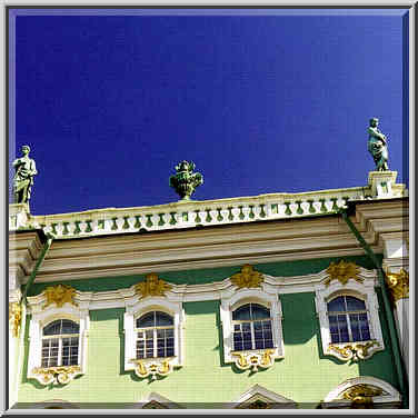 Sculptures at the roof of the Hermitage (Winter ...[4 words]... St. Petersburg, Russia, April 13, 1999.