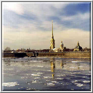 View of Peter and Paul Fortress from Troitskiy Bridge. St. Petersburg, Russia, April 13, 1999.