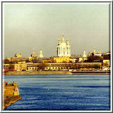 Smolnyi Cathedral and monastery at a bend of Neva ...[2 words]... St. Petersburg, Russia, April 21, 1999.