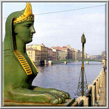 A sphinx on Egypt Bridge across Fontanka River at ...[2 words]... St. Petersburg, Russia, April 22, 1999.