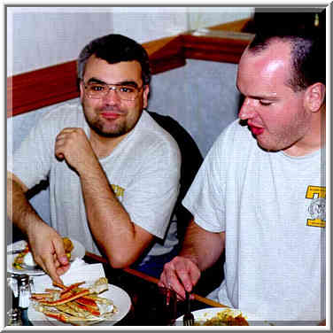 Pablo Nigra and Stephen Belair examine crab legs ...[4 words]... Lafayette, Indiana, April 30, 1999.