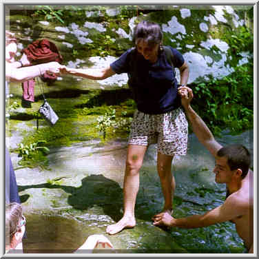 Overcoming a tub in a creek in Potholes Park ...[11 words]... Pine Village, Indiana, June 5, 1999.