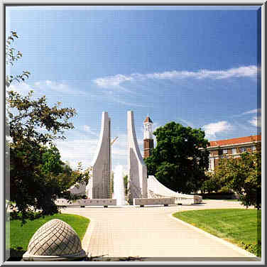 Fountain of Purdue Mall and Bell Tower at Purdue University, West Lafayette IN, 20 June, 1999.