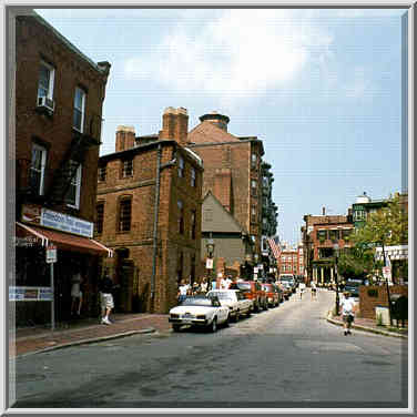 Paul Revere House (the second house on the left side) in Boston MA, July 31, 1999.