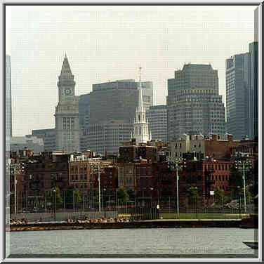 View of downtown Boston from a ship standing at Charlestown Navy Yard, July 31, 1999.