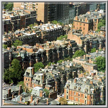 View of buildings of Back Bay from an observatory ...[2 words]... Tower, Boston, August 2, 1999.