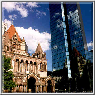 Copley Square with Trinity Church and Hancock Tower in Boston, August 2, 1999.