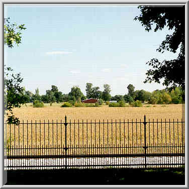 View of corn fields behind a fence of Tippecanoe ...[4 words]... Rd. Indiana, September 11, 1999.