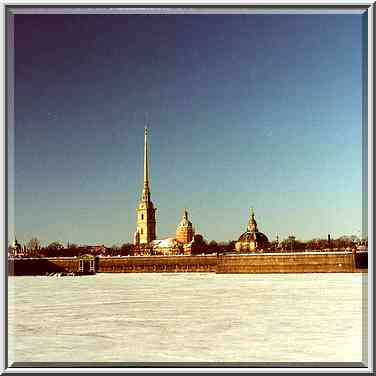 Peter and Paul Fortress behind Neva River. St. Petersburg, Russia, February 1, 2000