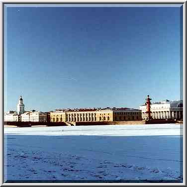 Vasilyevsky Ostrov Strelka and Birzha Bridge ...[4 words]... Petersburg, Russia, February 1, 2000