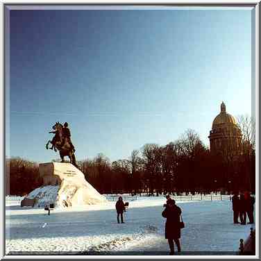 Monument to Peter the Great and Isaakievsky ...[2 words]... Petersburg, Russia, February 1, 2000