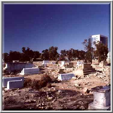 Destroyed and abandoned Muslim Cemetery in ...[7 words]... is on the background. February 18, 2000