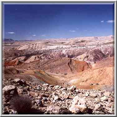 Multicolor hills in Big Crater (Makhtesh Gadol) ...[2 words]... Desert. The Middle East, March 11, 2000