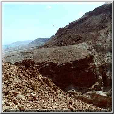 View of the canyon and Dead Sea from Maal Bokek trail. The Middle East, March 25, 2000