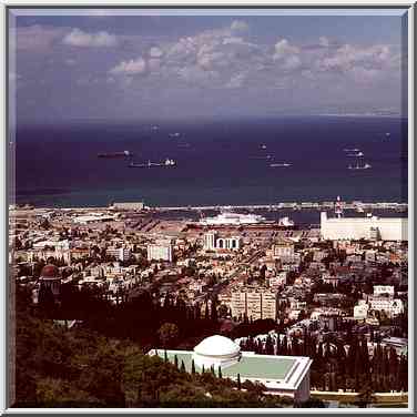 Haifa, Bahai temple and Mediterranean Sea from Mt. Carmel. The Middle East, April 22, 2000