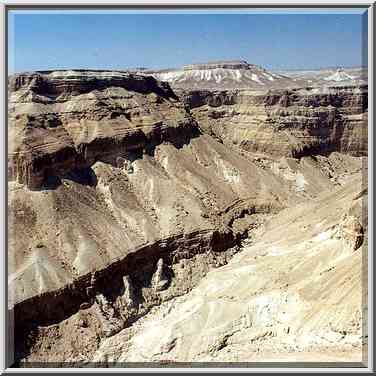 View of Bokek Creek canyon from the plateau, near Ein Bokek. The Middle East, May 20, 2000