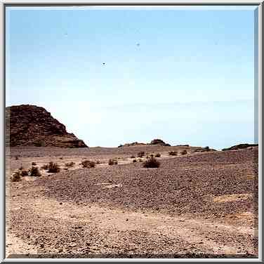 Rim of the plateau, with misty Jordan mountains, ...[2 words]... Bokek. The Middle East, May 20, 2000