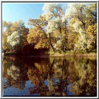 A pond and canals of Elagin Island at fall. Sankt Petersburg, Russia, October 2, 2000