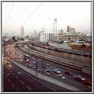 Ayalon Highway in Tel Aviv at evening, with Ramat ...[3 words]... The Middle East, December 28, 2000