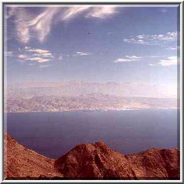 View of Akaba Bay from mountains near Taba, 3 ...[4 words]... The Middle East, January 13, 2001