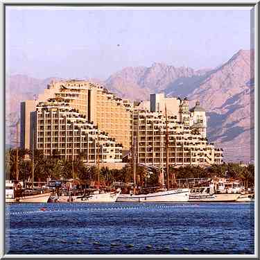 Eilat hotels and a port at evening. The Middle East, January 13, 2001