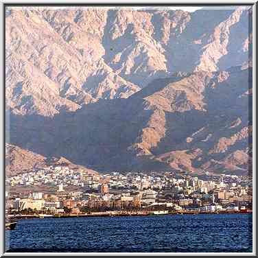 Akaba and mountains in Jordan at evening. Eilat, the Middle East, January 13, 2001