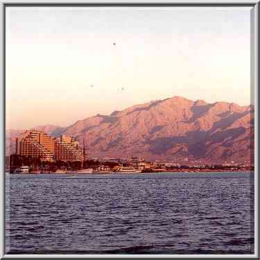 Eilat hotels and mountains in Jordan during sunset. The Middle East, January 13, 2001