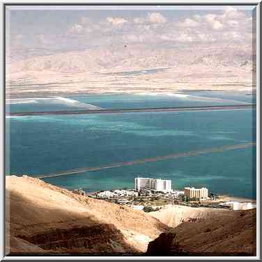 Canyon of Bokek River and Dead Sea at Ein Bokek, zoomed. The Middle East, February 22, 2001