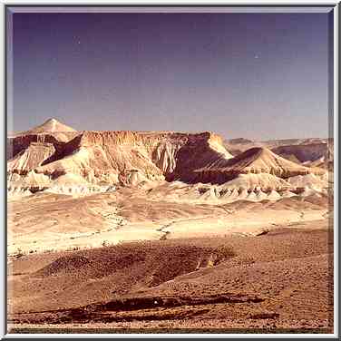 View of Qeren Akev Mt. behind Zin valley from ...[8 words]... Boker. The Middle East, April 9, 2001