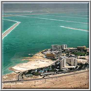 View of hotels of Ein Bokek and Dead Sea from ...[2 words]... ascent. The Middle East, April 17, 2001