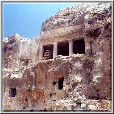 Tomb of the Sons of Hezir in Kidron Valley. Jerusalem, the Middle East, July 12, 2001