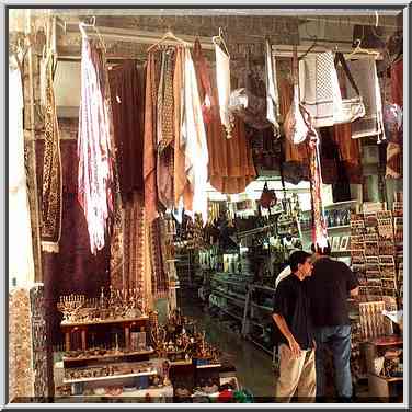 Souvenirs at Via Dolorosa in Old City. Jerusalem, the Middle East, July 12, 2001