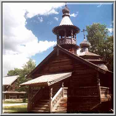 A Russian church in the museum of wood. Novgorod, Russia, August 1, 2001