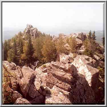 Summits of Aleksandrovskaya Sopka hill near Zlatoust, Southern Ural. Russia, August 14, 2001