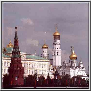 View of Kremlin from Moscow River embankment. Moscow, Russia, August 30, 2001