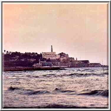 View of Old Jaffa from Tel Aviv beach after sunset. The Middle East, October 25, 2001